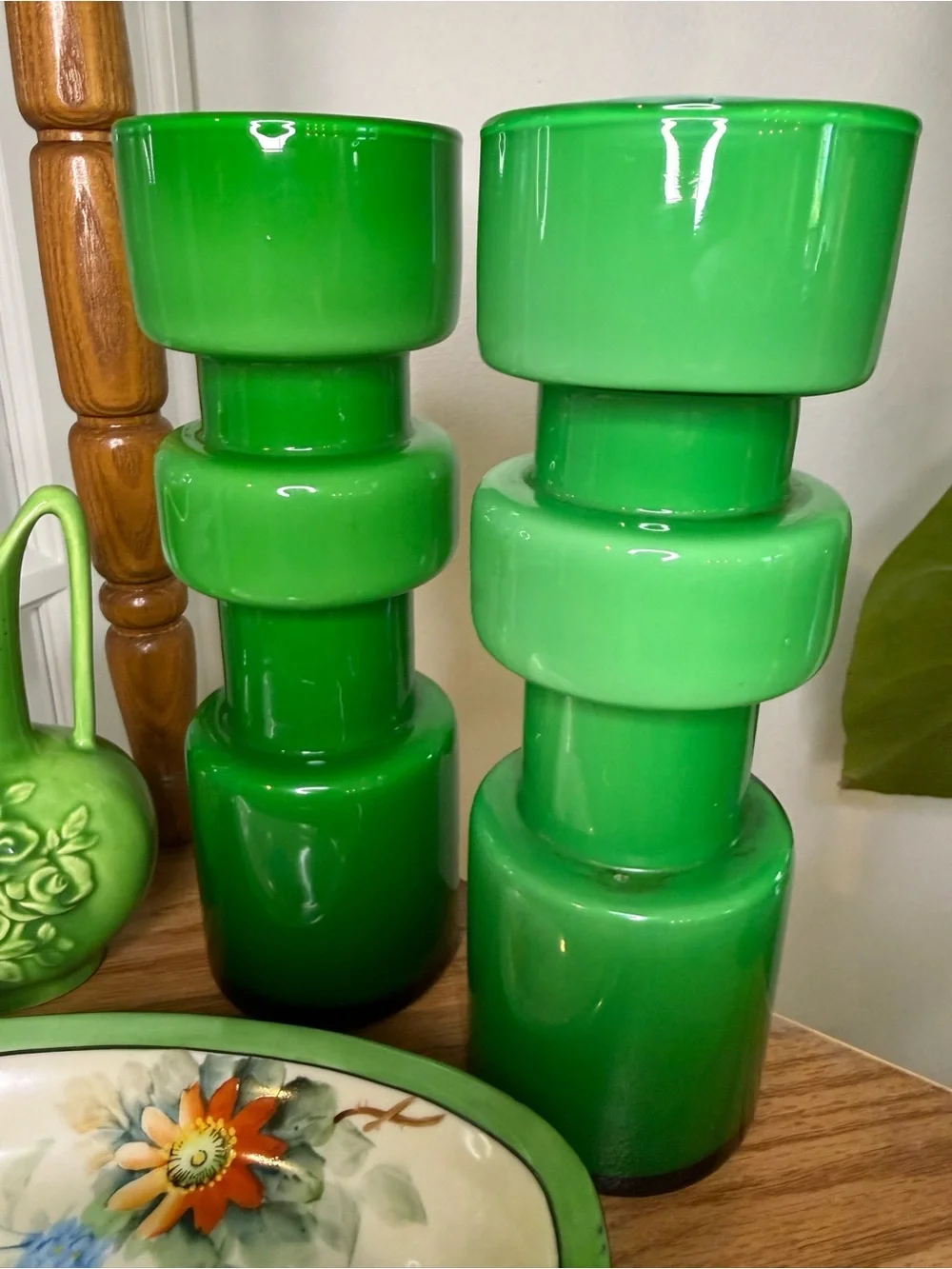 West Elm Green Glass Sculptural Decor/Vase/Candle Holder - Pair